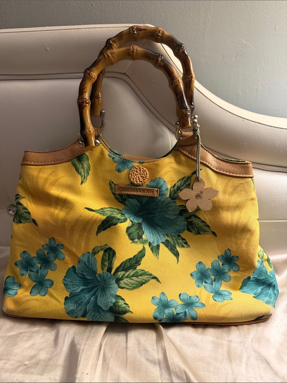 Caribbean Joe Yellow Floral Tote with Teal Flowers and Bamboo Handles